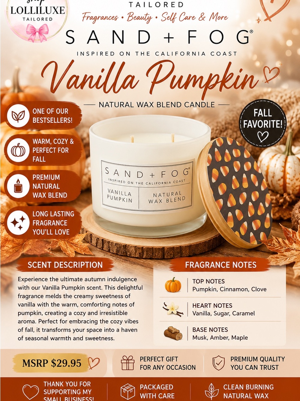 Sand + Fog Vanilla Pumpkin Natural Wax Candle — 2 wick